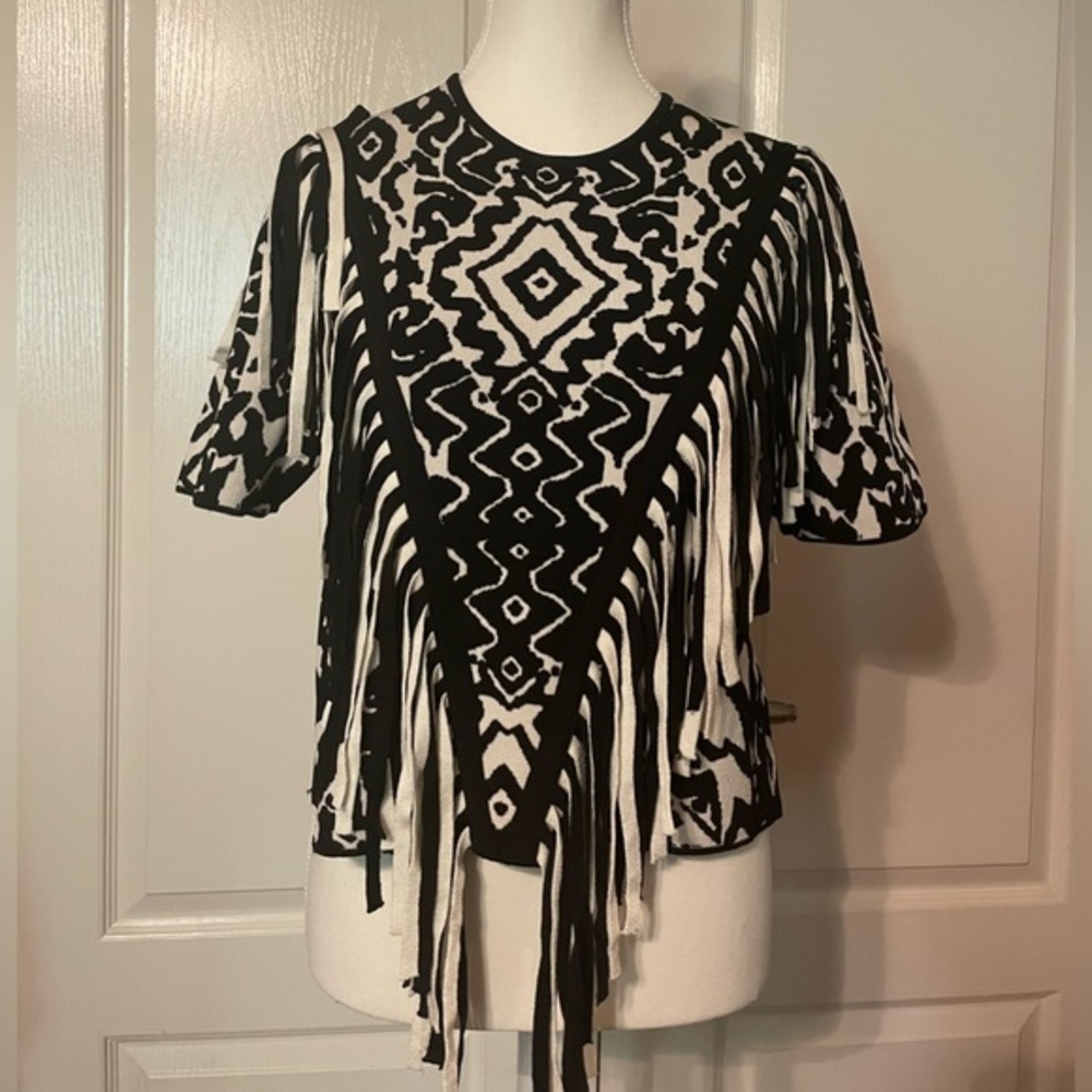 Torn by Ronny Kobo Black White Tight Knit Fringe T shirt Top size small